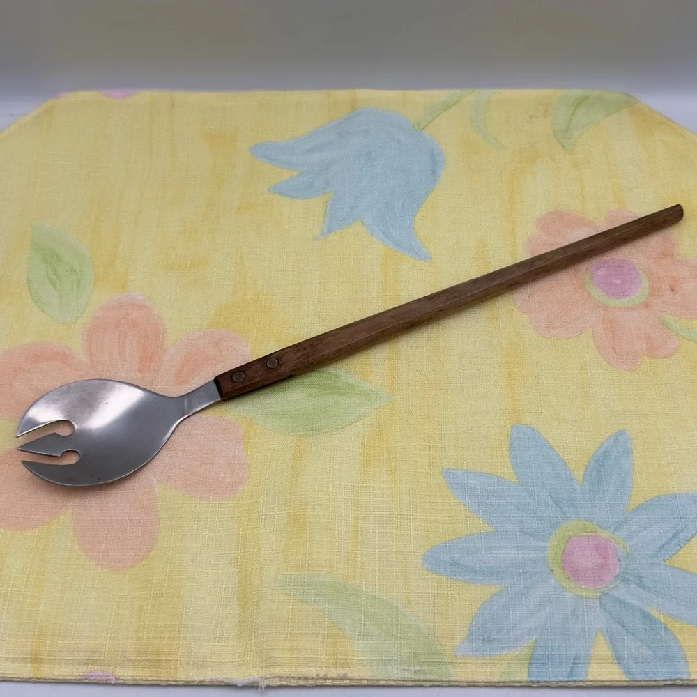 Vintage Mid Century‎ Salad Fork Stainless Steel Wood Handle Japan MCM 13 inch